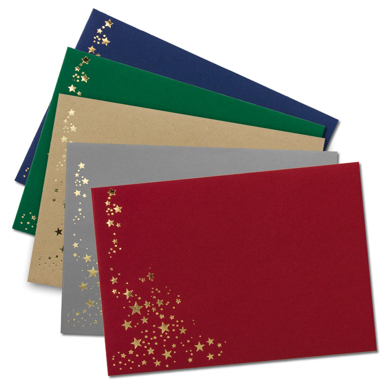 100x Christmas envelopes - DIN C6 - with gold metallic embossed star rain - color mix 1-20 pieces per color - wet glue - 114 x 162 mm