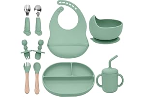 SILI FACTORY Silicone Baby Feeding Set 10Pcs, Toddler Plates with Suction Baby Bowls, Silicone Bibs for Babies, Toddler Cup, Baby Spoon & Fork, Baby Utensils Feeding Essentials for Starting Solids