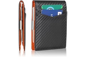 AZZS Minimalist Wallet for Men and Women - RFID Blocking Genuine Leather Slim Wallet with 12 Credit Card Slots, Money clip (Carbon Black & Orange)