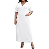 Runwind Plus Size Maxi Dress for Women Short Sleeve V Neck Casual Long Dresses with Pockets