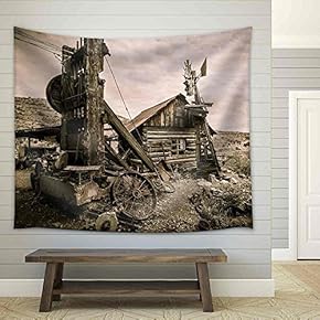 Jerome Arizona Ghost Town Mine Windmill and Old Block House - Fabric Wall Tapestry Home Decor - 51x60 inches