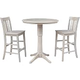 IC INTERNATIONAL CONCEPTS 36-Inch Round Pedestal Bar Height Table with 2 San Remo Stools, Solid Wood, Ideal for Dining Room, Kitchen, Pub - Washed Gray Taupe