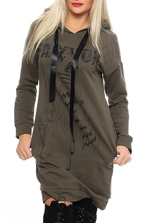 Shirtella Damen Print Hoodie Langarm Kapuzenpullover Kleid Sweatshirt