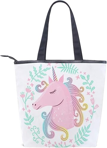 Amazon かわいいユニコーン トートバッグ おしゃれ ハンドバッグ レディース 肩掛け ショルダーバッグ ファスナーキャンバスバッグ 多機能バッグ トートバッグ