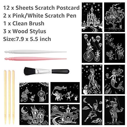 Scratch Art Paper, Rainbow Night View Scratchboard Pads for Adults and Kids, Mini Envelope Postcard Art & Crafts Set: 12 Sheets Scratch Cards & Scratch Drawing Pen, Clean Brush 7.9"x5.5" (Dreamtopia)