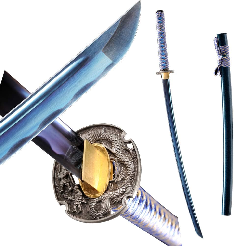 MN Sword Japanese Katana Sword with Electroplated Blue Blade Real Sharp Full Tang Hand Forged
