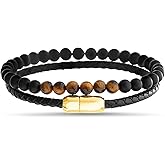 True Religion Beaded Simulated Black Leather 8.5 Inch Double Row Bracelet for Men