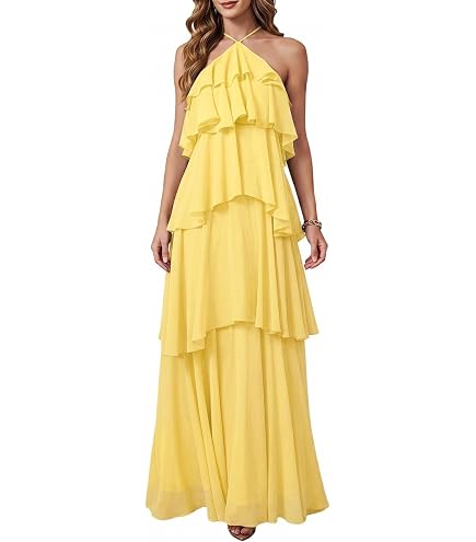 Wenrine Womens Chiffon Halter Maxi Dress Sleeveless Backless Party Dress