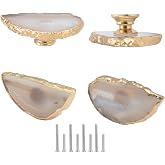 Malimali Unique Natural White Agate Cabinet Knobs and Pulls Set of 4 | Knobs for Cabinets and Drawers Gold Dresser Knobs, Bifold Door Knob, Irregular Stone Knobs, For Closet Door/Kitchen/Cupboard