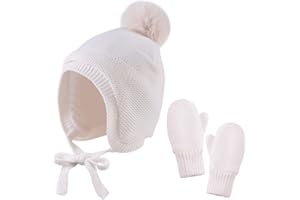 JANGANNSA Basic Winter Baby Beanie Gloves Boys Girls Knitted Hat Pompom Kids Earflap Hats Warm Infant Toddler Beanie Mittens Set