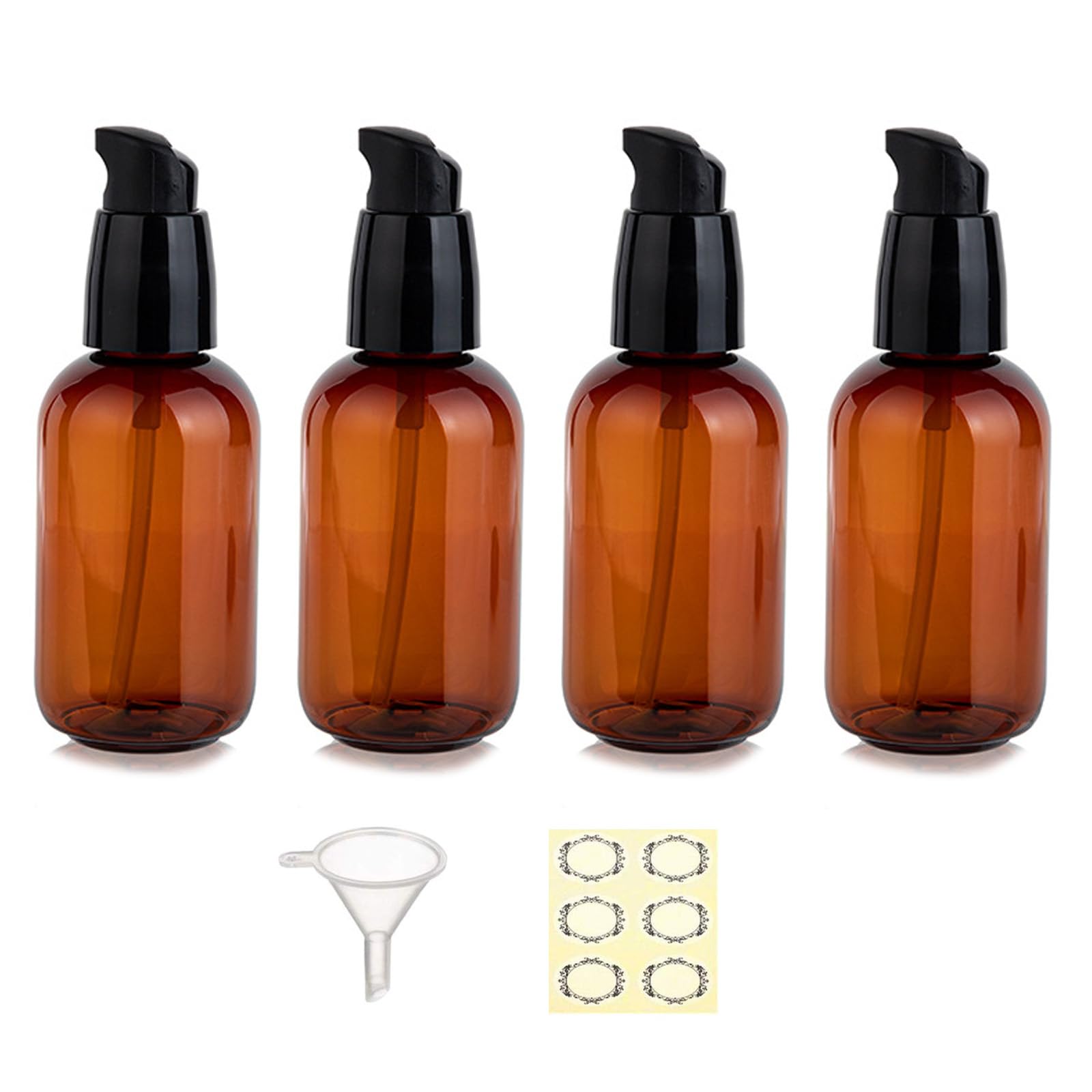 Apstaqeoo 4Pcs 80Ml Empty Lotion Pump Bottle Dispenser for Toiletries TSA Approved Pump Dispenser Leak-proof Plastic Travel Bottles Container with Label & Funnel for Cleaning Shampoo Cosmetic (Brown)
