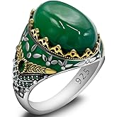 S925 Sterling Silver Agate Ring Men's Natural Green Agate Stone Ring Cool Turkiye Handmade Luxury Jewelry (10,green)