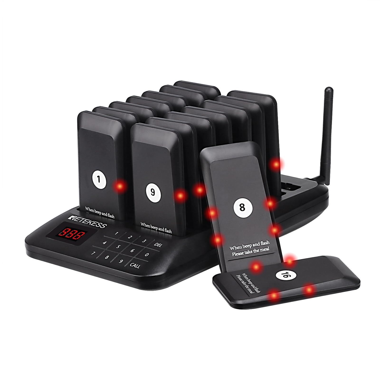 Retekess TD157 Restaurant Pager System, 500M Pagers and Beepers, 16 Pagers, Easy to Use, Large Capacity 300 mAh Battery, 998 Channels, Touch Keypad, Food Buzzer for Bar, Hotel, Logistic (UK Plug)