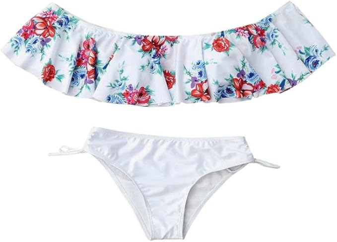 Amazon Aliciga オフショルダー 水着 レディース ビキニ ボートネック 花柄 プリント 肩出し バンドゥー タイサイド ブリーフ 2点セット 大人 ママ水着 おしゃれ 人気 旅行 温泉 ビーチ 海水浴 カジュアル かわいい セクシー L ホワイト ビキニ セパレーツ 通販