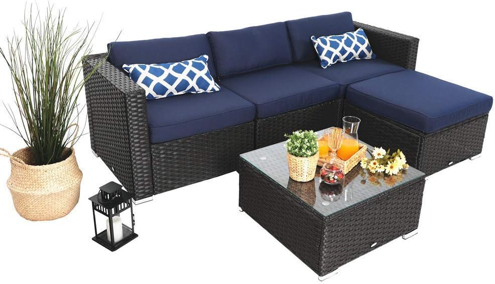 Amazon Com Phi Villa 5 Piece Patio Rattan Furniture Set Outdoor Furniture Wicker Sofa Conversation Sofa Set Navy Blue Low Back Design Furniture Decor