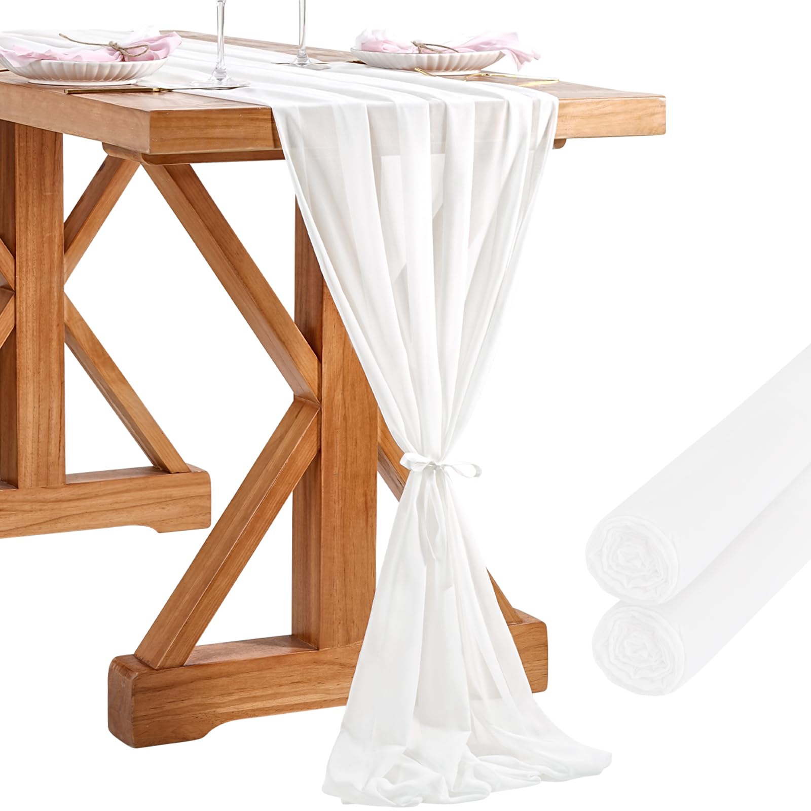 White Chiffon Table Runner 2 Packs 27x120 Inches Romantic Rustic Wedding Table Runner 10ft Long Table Runners for Bridal Shower Decorations