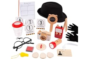 YUNHE XINQIAO TOYS FACTORY Spy Kit for Kids Detective Outfit Fingerprint Toys for 5 6 7 8 9 10 Year Old with Hat,Wooden Magnifying Glass and Detective Tools,Secret Agent Investigation Science Set,Spy Costumes for Kids 8-12