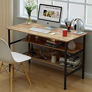 Modern Computer Desk with Bookshelf,Sturdy 47" Writing Desk Family Workstation with 2 Tier Shelves for Home Office-F 120x45x73cm
