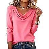 HswsEJ Cowl Neck Tops for Women Trendy Draped Tunic Cute Long Sleeve Tops Loose Fit Elegant T Shirt Business Casual Blouses