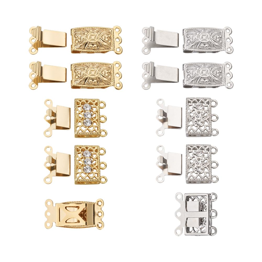 PH PandaHall 20 Sets Brass Multi-Strand Box Clasps 2 Styles 3-Strand Rectangle Filigree Flower Connector Clasps for Jewelry Making Bracelets Necklaces DIY, Golden,Platinum,KK-PJ0001-15-US