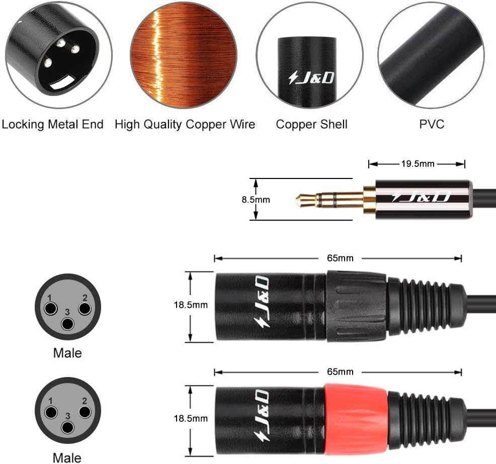 J&D 3.5mm 1/8 inch to Dual XLR Y Splitter Cable - Image 4