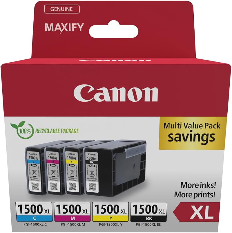 Canon PGI-1500XL Black Cyan Magenta Yellow Ink Cartridge Multipack XL Genuine