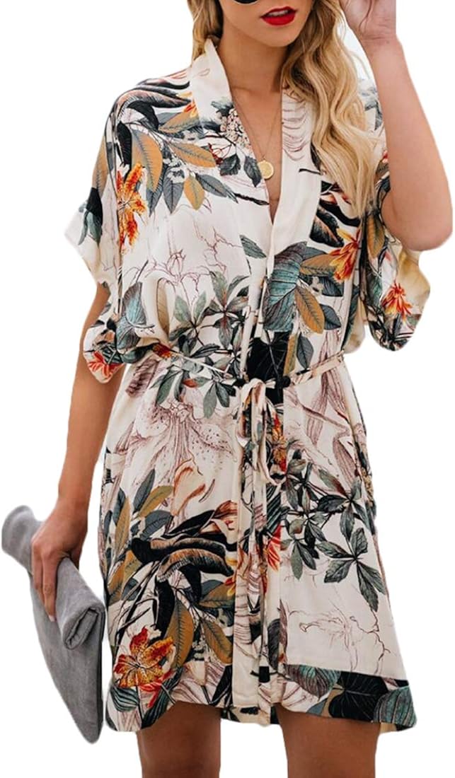 Beeatree Robe de Plage Kimono avec Ceinture Imprimé Floral Amazon.fr