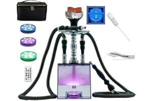 NEWBEECLASSIC 2 Hose Hookah Set,Portable Micro Modern Cube Acrylic Hookah with Silicone Hookah Bowl Two Leather Hose Coal Tongs Aluminum Stem,Cube Hookah with Remoted LED Light Custom Storage Bag and Cleaning Brush