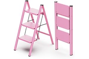 WOA WOA 3 Step Stool, Step Ladder Foldable with Wide Pedals, Compact Kitchen Stepping Stool, Sturdy Steel Ladders for Home and Office, with Non-Slip Feet, Hold 330 lbs - Pink