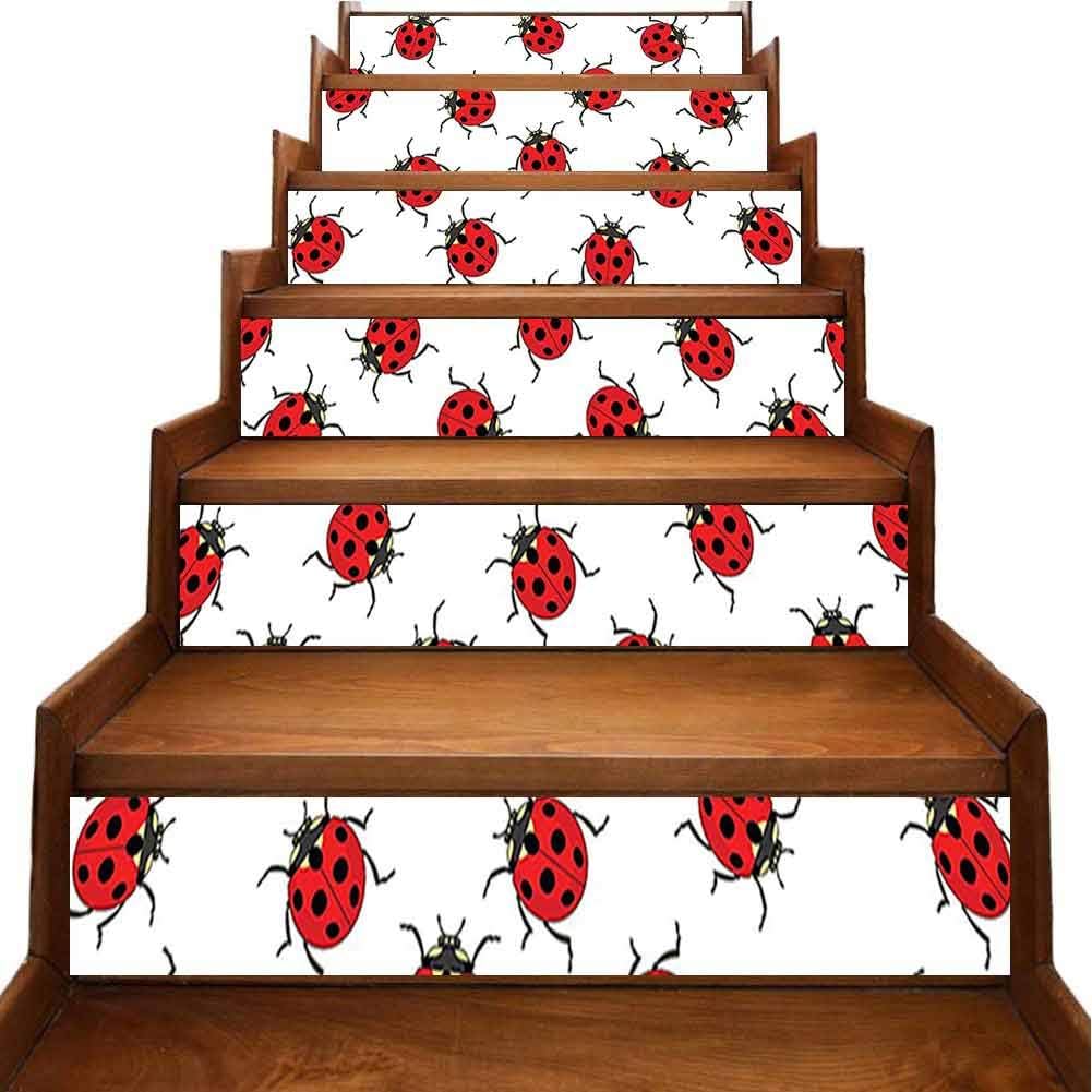 Family Decor Staircase Decal Ladybugs Bunch of Bugs Infinite Speckled Marked Insect Theme Playroom Kids Red Removable Staircase Decor Mural for Living Room, Hall, Kids Room Decor, W39.3 x H7 inch