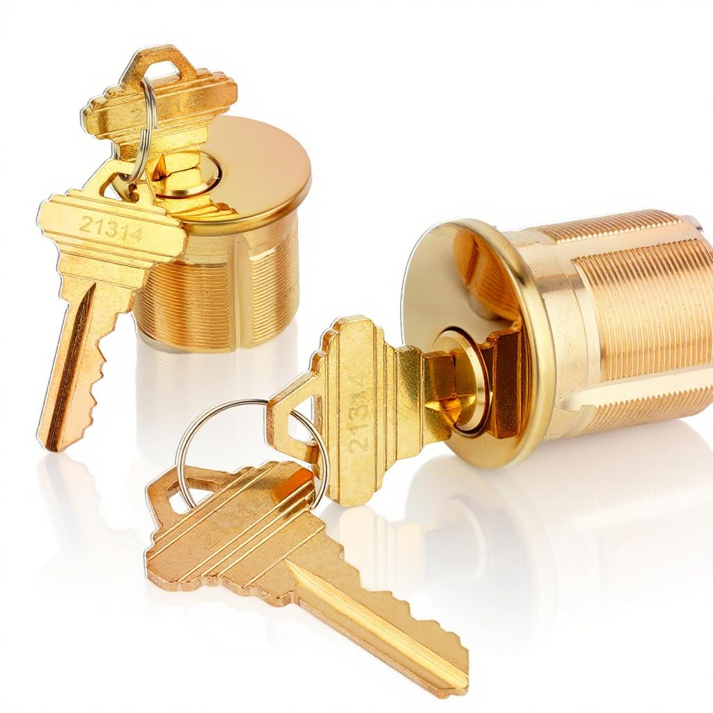 Photo 1 of 2 Pack Brass Mortise Cylinder Keyed Alike with 4 Keys for SC Keyway Standard Commercial Door Lock Cylinder, Storefront Door Lock Replacements, Gold Finish (1 1/8 "-29 mm Length)