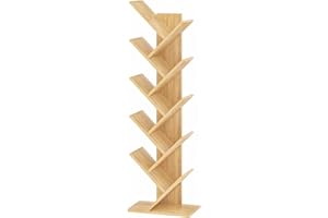 SHEEPAM 10 Tier Tree Book Shelf, Floor Standing Wood Bookshelf for Narrow Space, Storage Organizer Bookshelves for Books/CDs/Magazine, Bookcase with Shelves for Home Office, Living Room - Natural