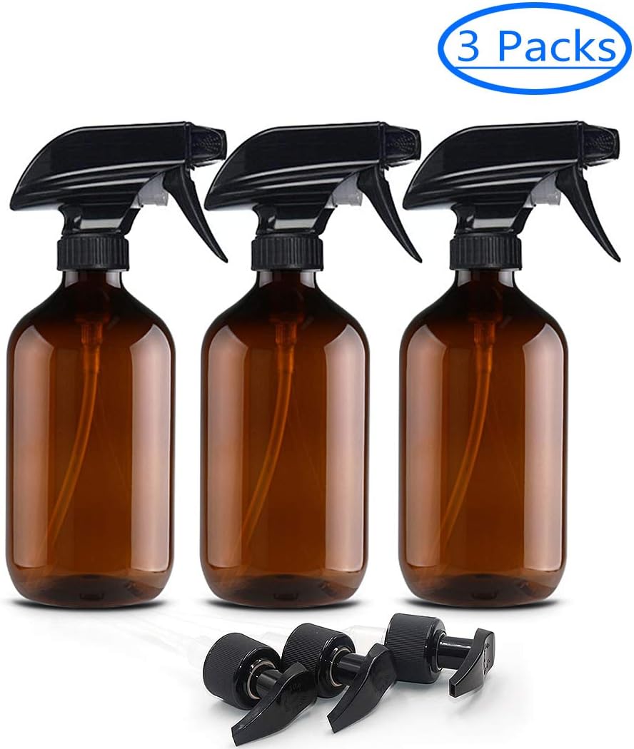 Spray Bottles 3 Pack, 16oz Empty Amber Clear Spray Bottle with Trigger Sprayers and Lotion Pumps Leak Proof Technology, Refillable Containers for Essential Oils, Cleaning Solutions, Misting Plants