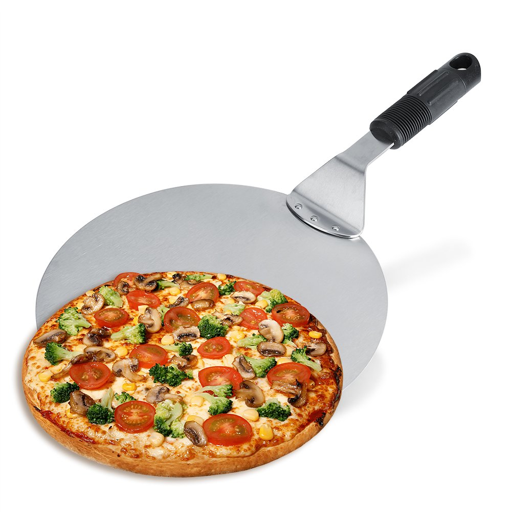 lyrlody Pizza Peel, 10 inch Round Stainless Steel Pizza Paddle with Non Slip 18cm Handle, Cake Baking Shovel Transfer Tray for Restaurant Home Kitchen