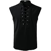 JOGAL Mens Renaissance Shirt Pirate Medieval Sleeveless Halloween Costume Steampunk Viking Lace-up Stand Collar Shirts