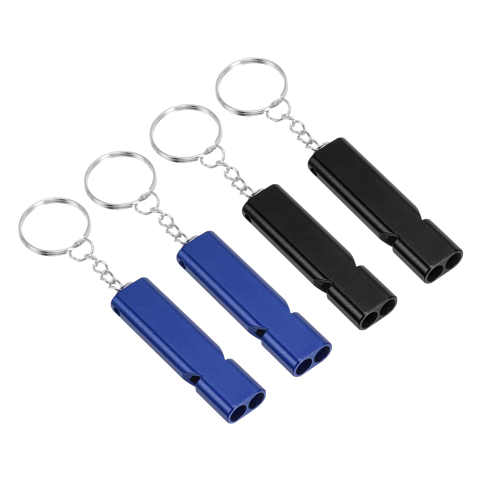 PATIKIL Emergency Whistle, 4 Pack Loud Sound Aluminum Keychain Whistles Outdoor Safety Survival Whistle for Camping Hiking, Black, Blue