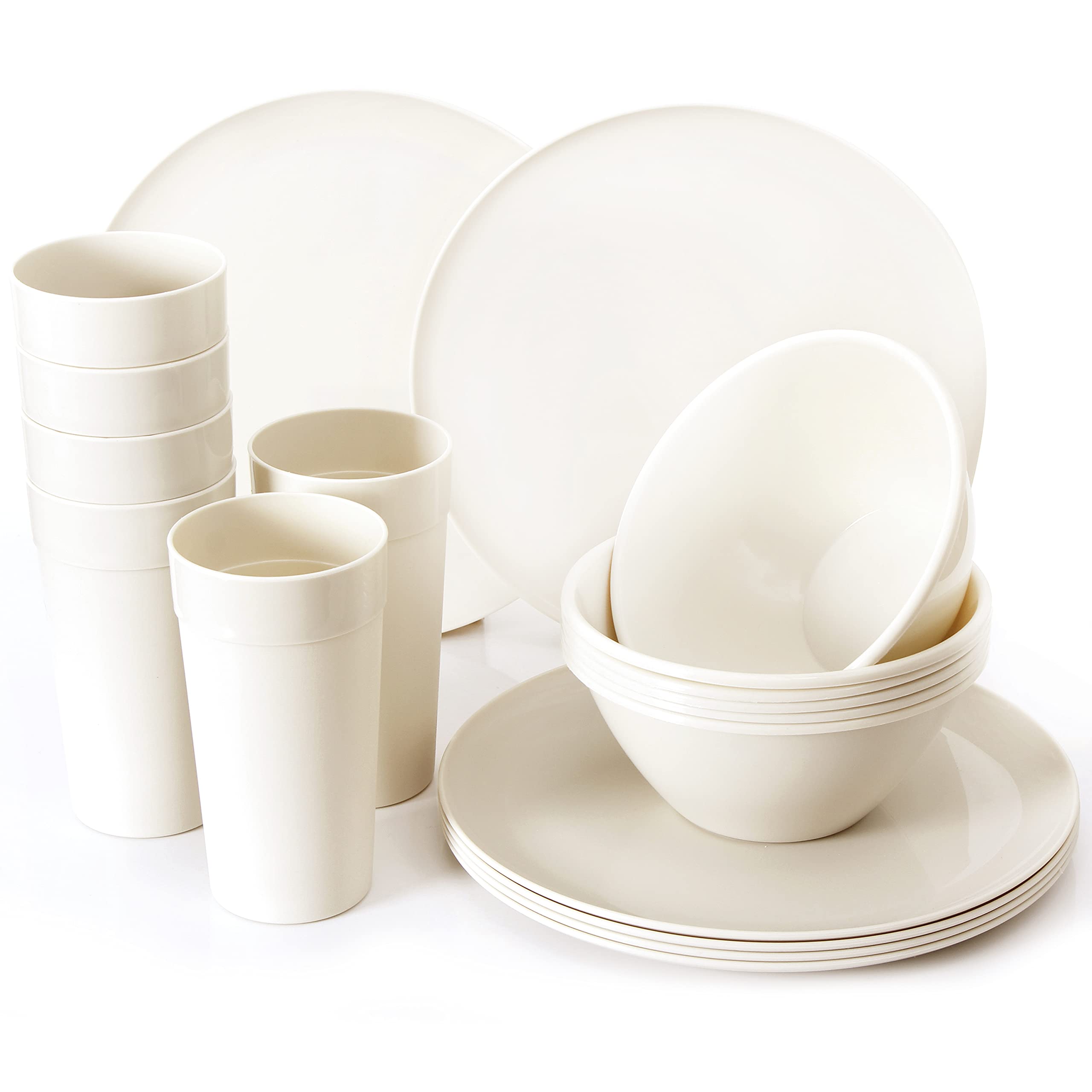 Youngever 18 Piece Re-usable Plastic Kitchen Dinnerware Set, Plates, Dishes, Bowls, Cups, Service for 6 in Assorted Colors (Cream)
