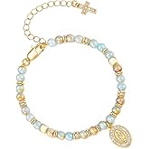 Women's Gold Virgin Mary Bracelet - 14K Gold Plated Religious Cross Bracelet,Dainty Golden Catholic Virgen De Guadalupe Cross Beaded Jewelry,Faith Confirmation Baptism First Communion Gifts for Women