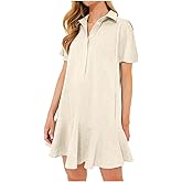 YEXPINE Women's Button Down Shirt Dress Summer Casual Short Sleeve Cotton Linen Ruffle Shift Mini Dresses