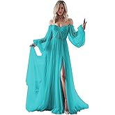 Long Sleeve Tulle Wedding Dress for Bride Puffy Sleeve Prom Dress Ball Gown Formal Evening Gowns with Slit