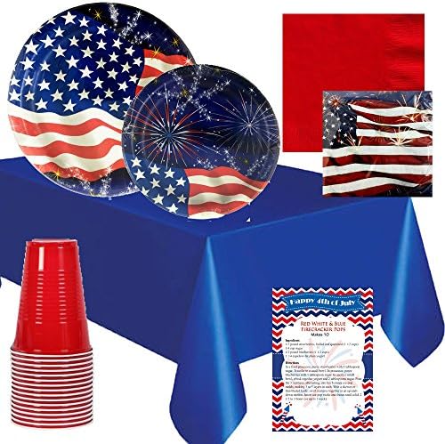 Patriotic Disposable Dinnerware for your 4th of July Party - Red, White &amp; Blue Fireworks - Dinner and Dessert Plates, Napkins, Cups and Table Cover Bundle (Serves 16)