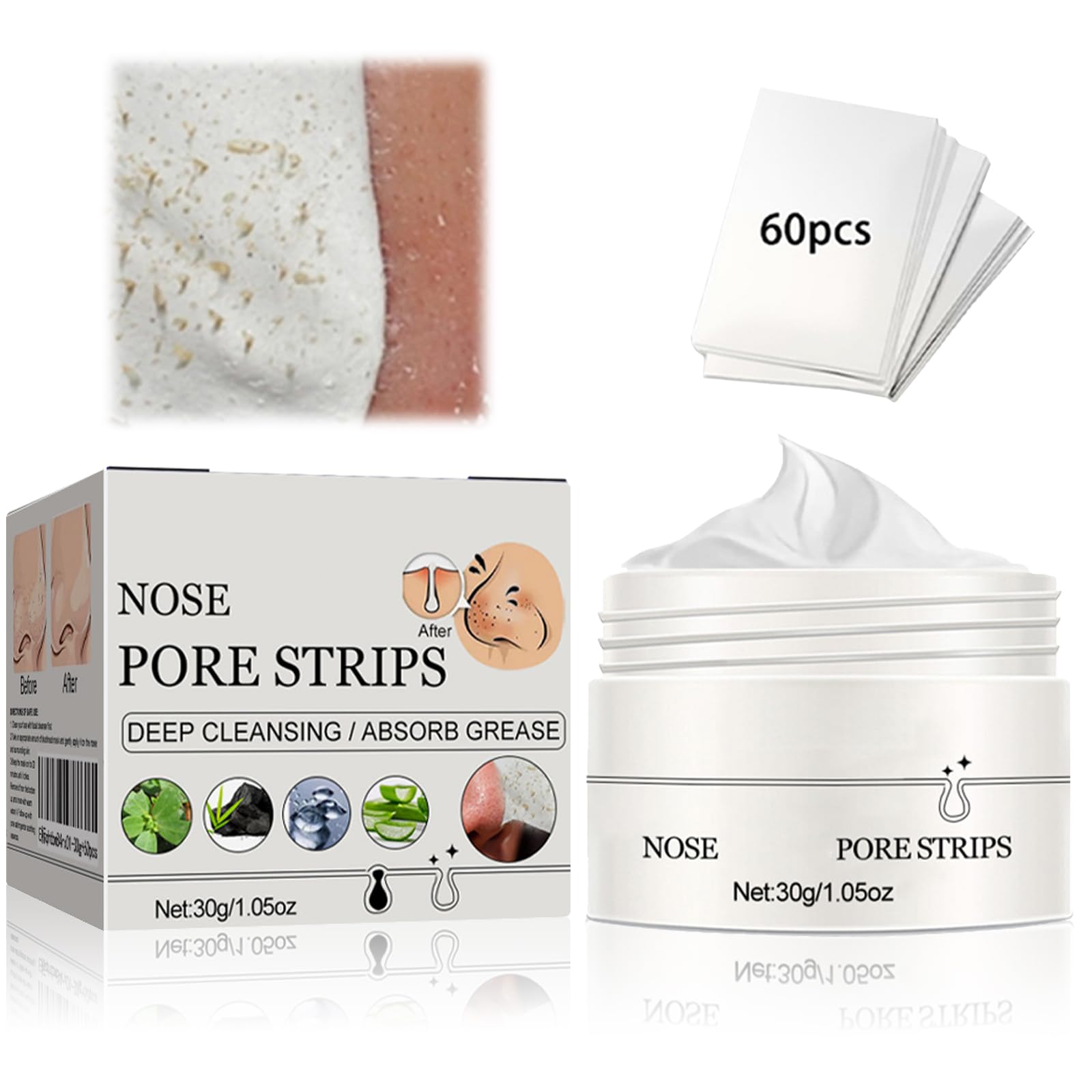Deep Cleansing Blackhead Mask for Men and Women - 30g Cream + 60 Nose Pore Strips - Targets Oil and Minimizes Pores - White