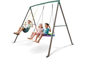 Trekassy 440lbs Swing Sets for Backyard - 2 Seat Outdoor Kids Playset with Saucer & Belt Swing, Heavy-Duty A-Frame Metal Stand for Backyard Playground (Green and Brown)
