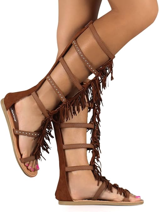 Amazon.com | Women Knee High Leatherette Fringe Stud Gladiator Sandal DB21 - Cognac (Size: 8.0 