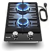 TOPWISH 12 Inch Gas Cooktop, 2 Burner Propane Cooktop Black Tempered Glass | LPG/NG Convertible Dual Fuel, Built-in Gas Stove Top with Thermocouple Protection for Kitchen, Apartment, RV