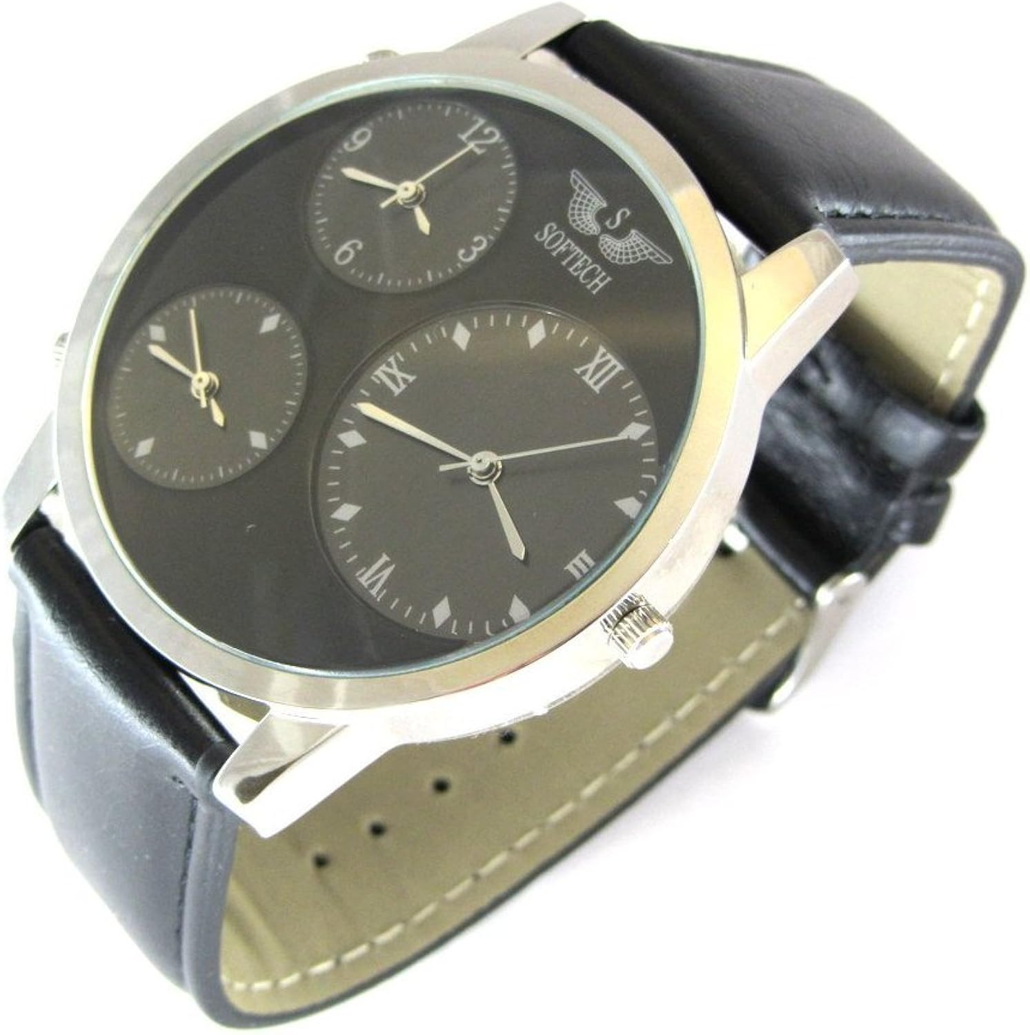 Mens Designer Silver Slim Oversized Watch Multi TIME Black Dials New