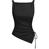 CIDER Womens Going Out Tops Ruched Sleevelss Boat Neck Asymmetrical Hem Summer Club Crop Tank Tops