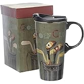 Topadorn Coffee Ceramic Mug Porcelain Latte Tea Cup with Lid 17oz,Golf