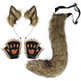 JUNBOON Faux Fur Cat Ears and Wolf Fox Tail Set Adult Kids Claw Glove Kit for Halloween Anime Cosplay Party