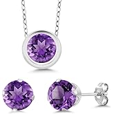 Gem Stone King 925 Sterling Silver Round Purple Amethyst Pendant and Earrings Jewelry Set For Women (2.25 Cttw, Gemstone Birthstone, with 18 Inch Chain)